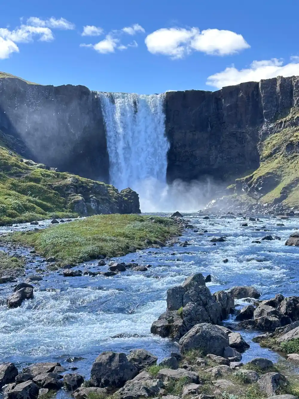 Powerful waterfall cascading over dark cliff face