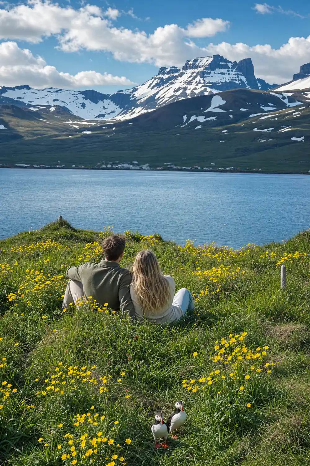 Snow-capped mountain peaks above turquoise glacial lake