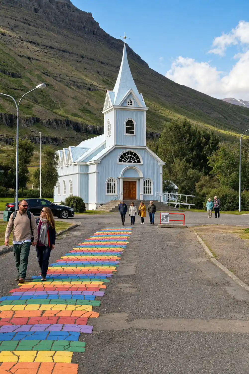 White church with mountain backdrop and rainbow road